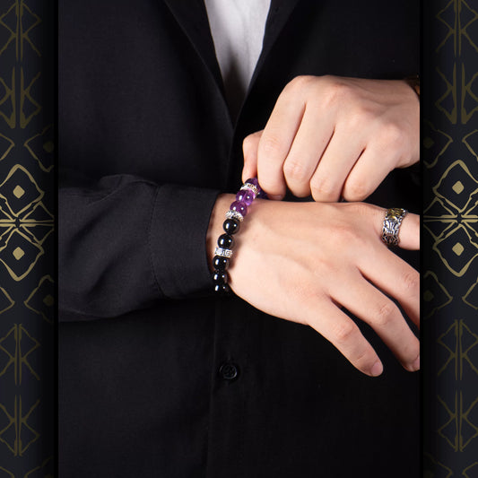 【龙紫夜咏】S925银龙头黑曜石手链男高级感复古紫水晶手串珠礼物