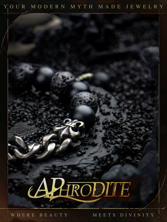 Arcane Chain — Vintage Silver & Volcanic Stone Bracelet, Smoked Black Depth, Bold Elemental Presence