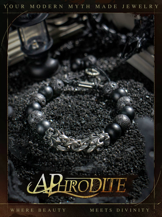 Arcane Chain — Vintage Silver & Volcanic Stone Bracelet, Smoked Black Depth, Bold Elemental Presence