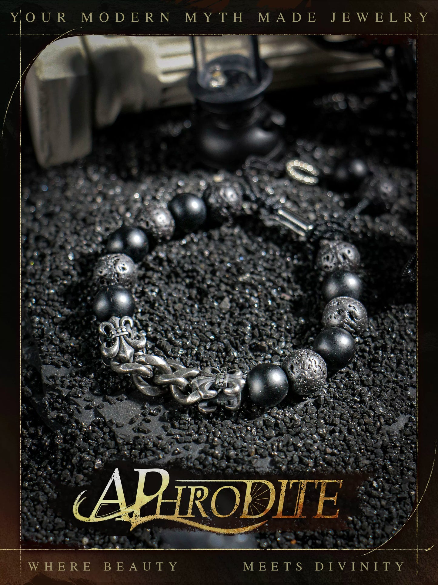 Arcane Chain — Vintage Silver & Volcanic Stone Bracelet, Smoked Black Depth, Bold Elemental Presence