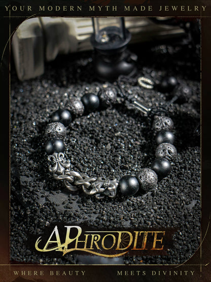 Arcane Chain — Vintage Silver & Volcanic Stone Bracelet, Smoked Black Depth, Bold Elemental Presence