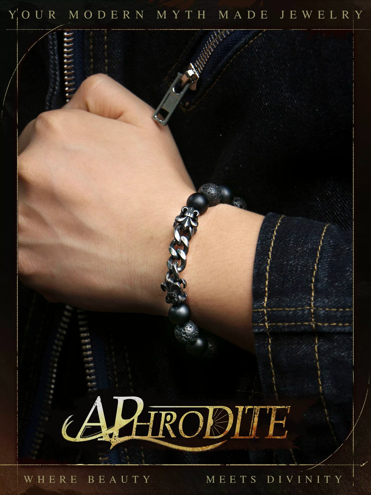 Arcane Chain — Vintage Silver & Volcanic Stone Bracelet, Smoked Black Depth, Bold Elemental Presence