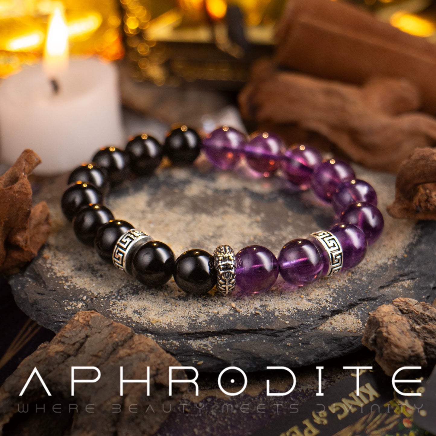 【龙紫夜咏】S925银龙头黑曜石手链男高级感复古紫水晶手串珠礼物