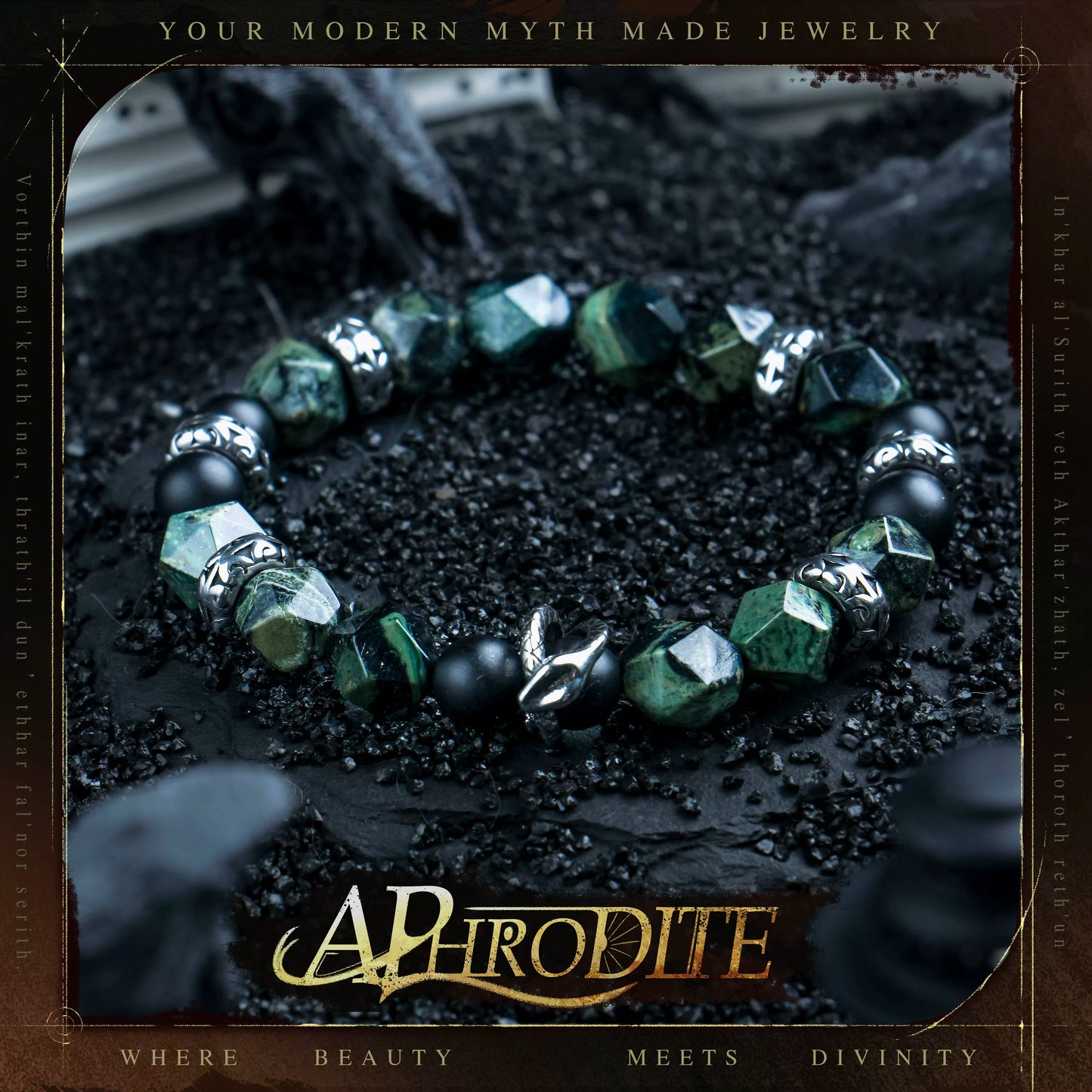 Pine Shadow — Sculpted Black Agate Bead Bracelet, Natural Wood Spirit, Quietly Distinct Design